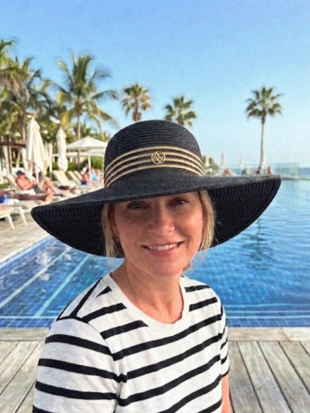 Adrienne Vittadini Black Wide-Brim Straw Sun Hat with Gold Accent